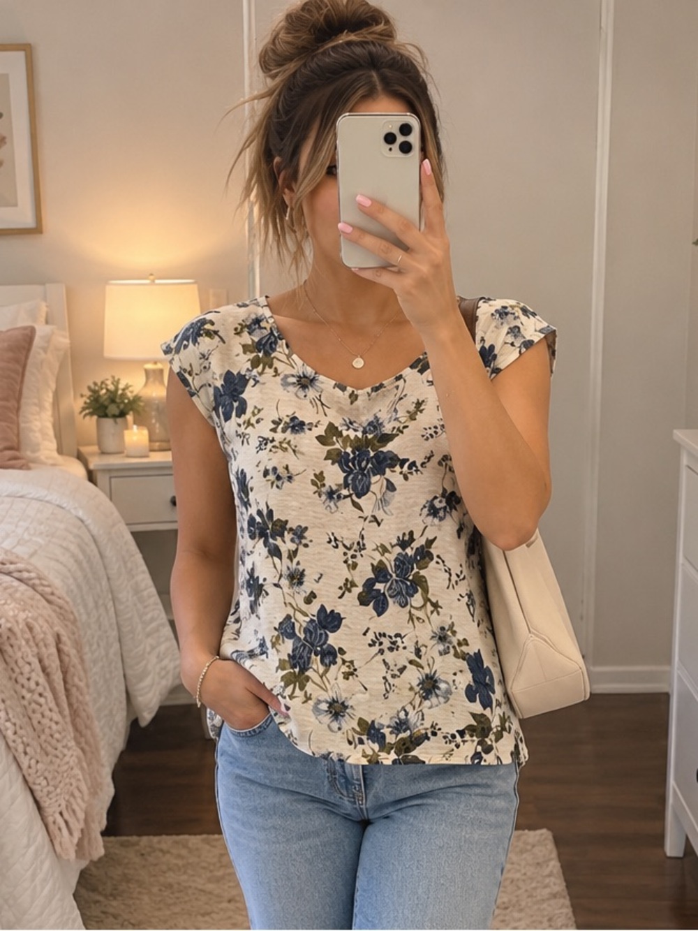 Cynthia Rowley Floral Linen Blouse Womens Medium Blue Cream